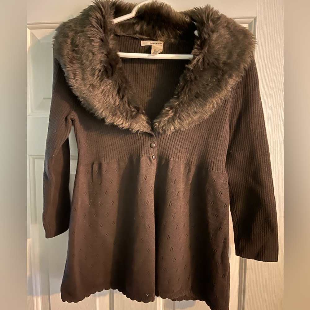 Vintage DKNY brown sweater with fur collar, size small